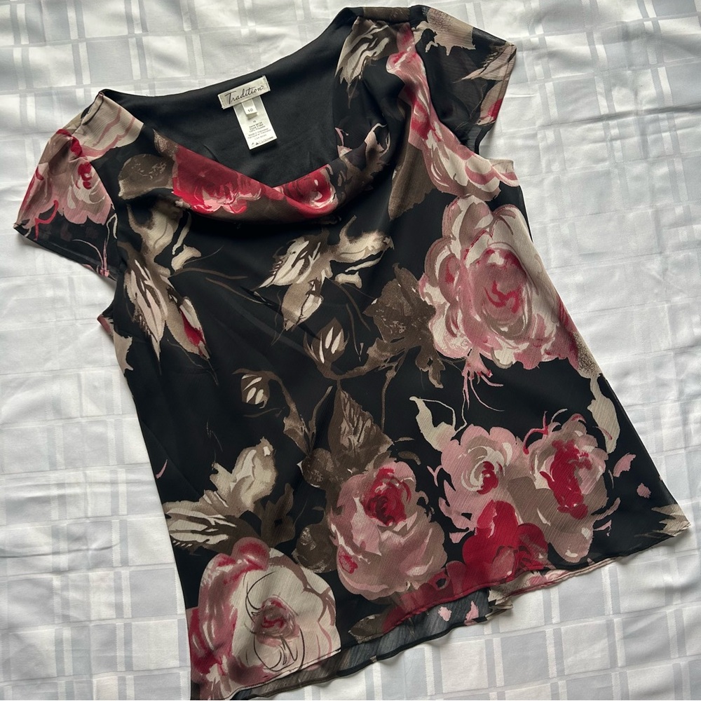 Tradition Black & Pink Floral Cowl Neck Short Sleeve Top